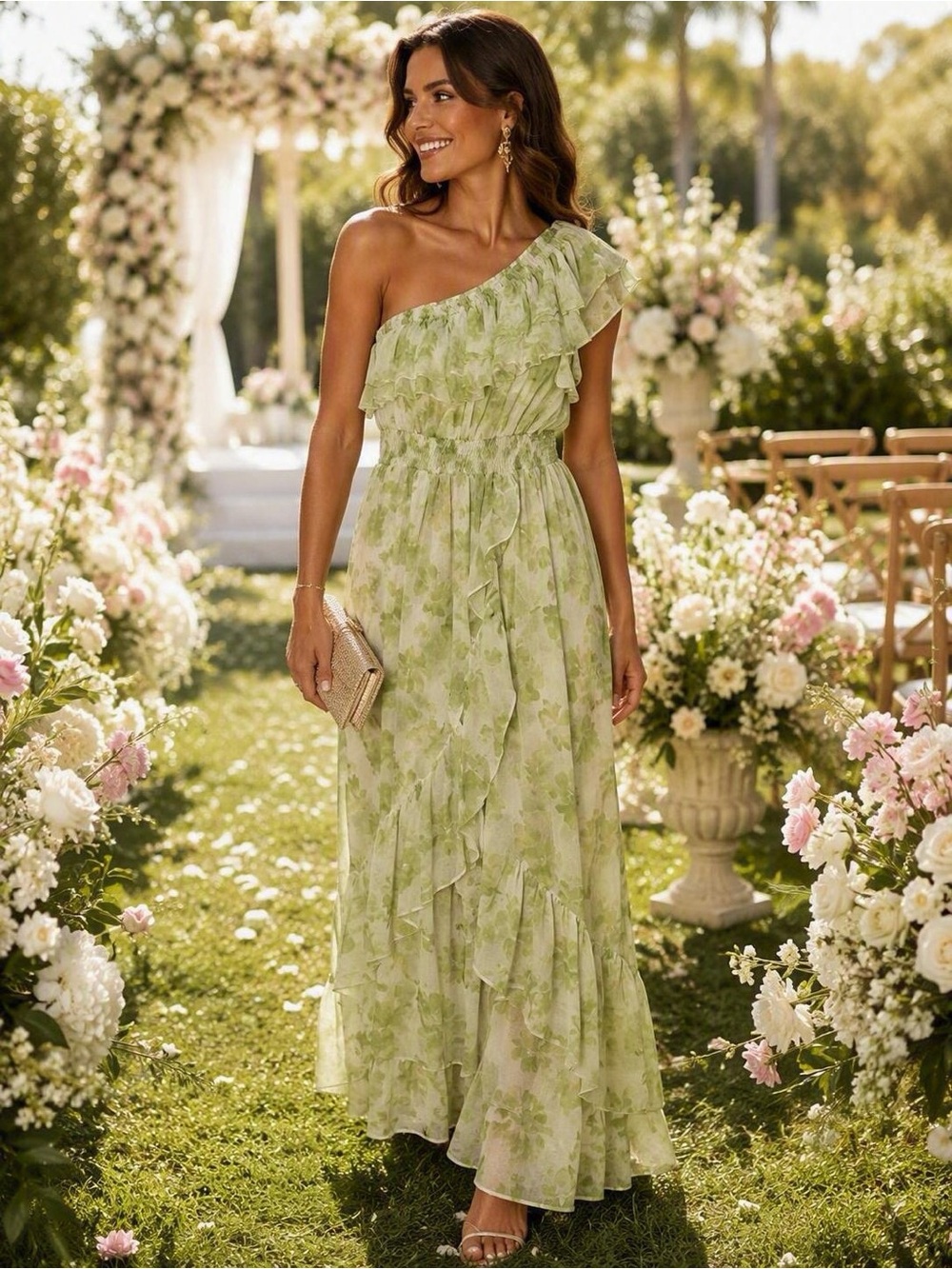 Misa Los Angeles One-Shoulder Ruffle Floral Maxi Dress - Light Green